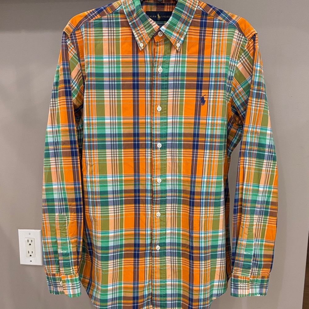 Polo Ralph Lauren Men’s Orange and Multicolor Plaid Shirt | 💯 Cotton | Size M